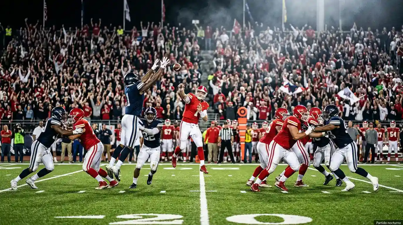 Aficionados atentos a la acción durante un partido nocturno de la NFL en un estadio iluminado