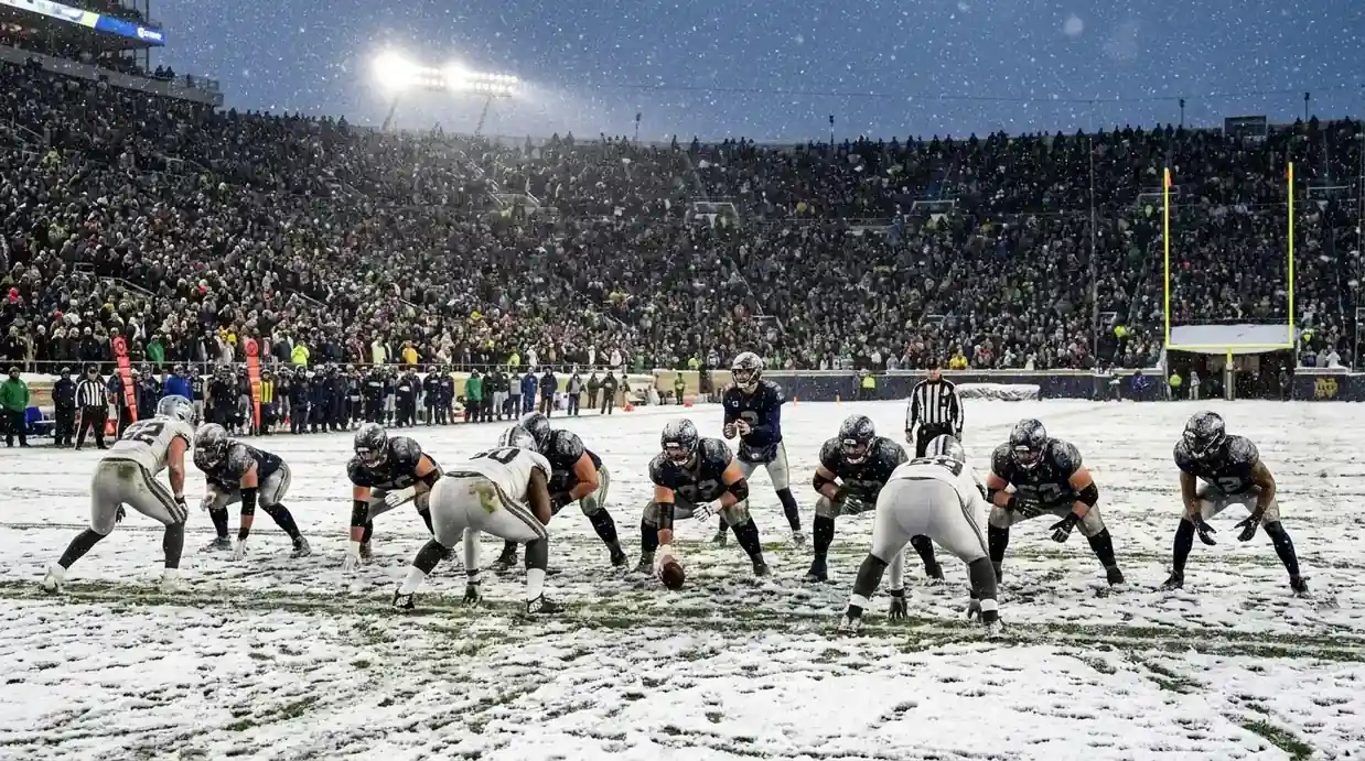 Campo de fútbol americano bajo una nevada durante un partido de la NFL