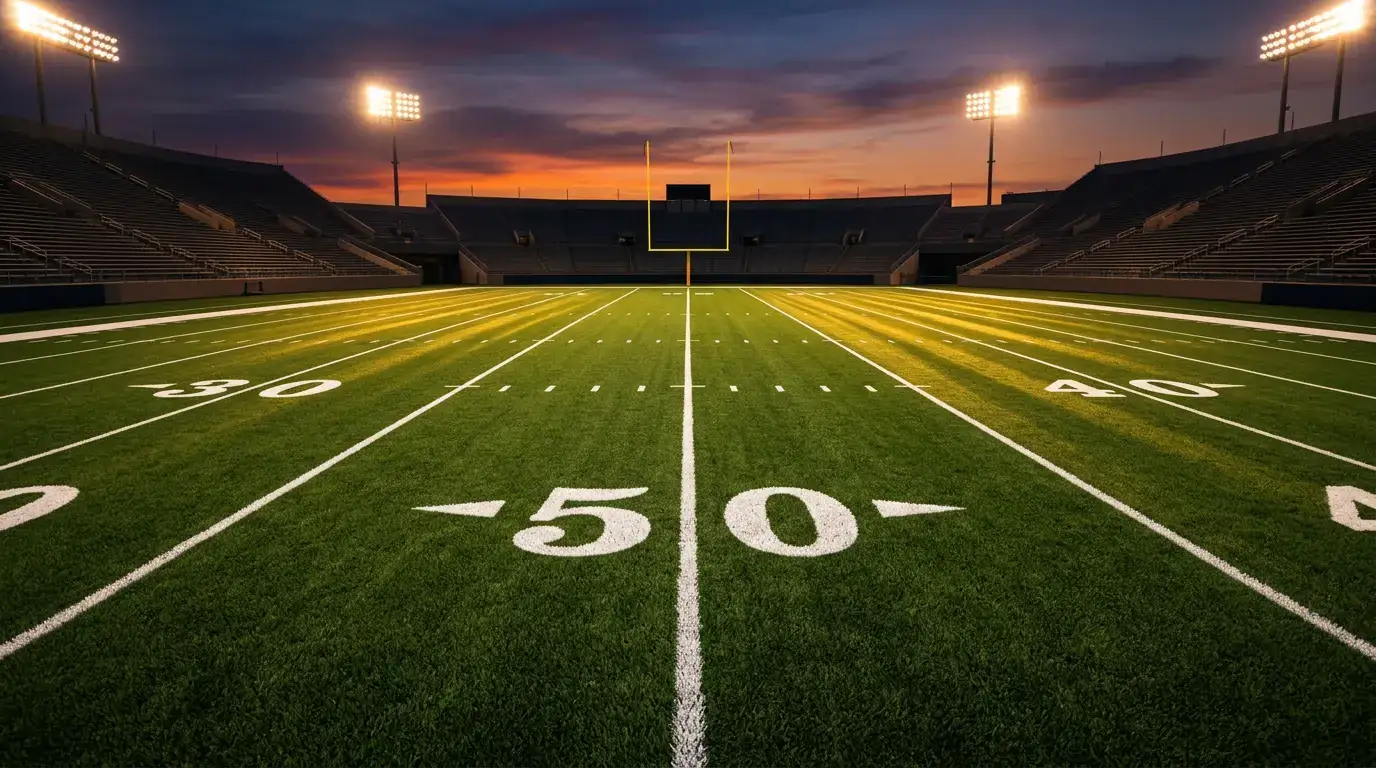 Campo de fútbol americano con líneas de spread superpuestas para apuestas NFL